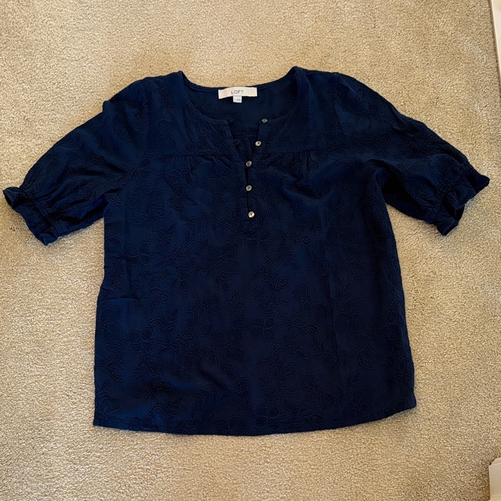 LOFT Navy Eyelet Blouse with Button Accents
